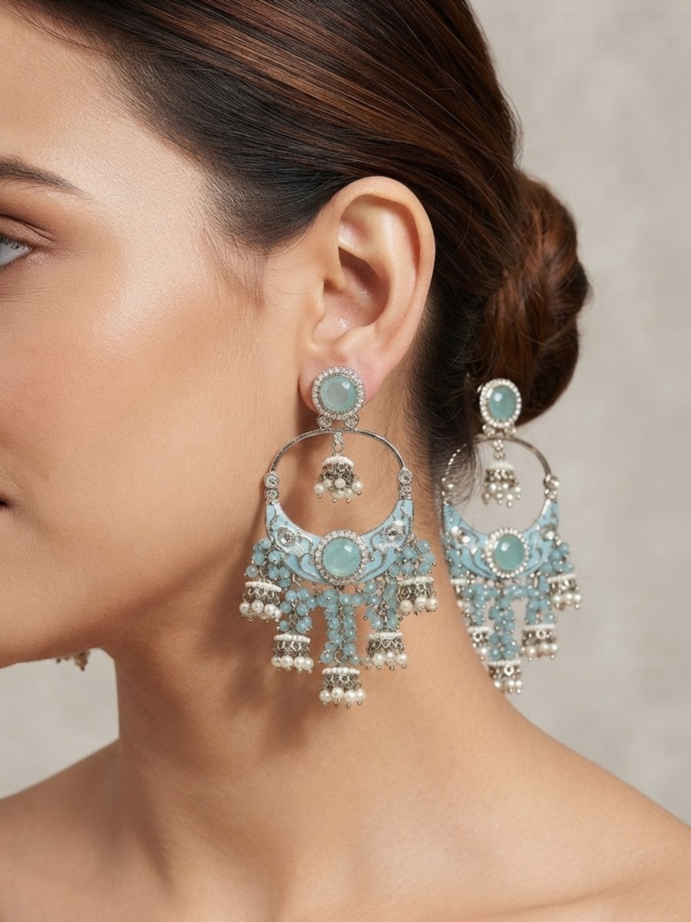 Handcrafted Aqua Blue Dangle Chandbali Earrings - Women Jewelry